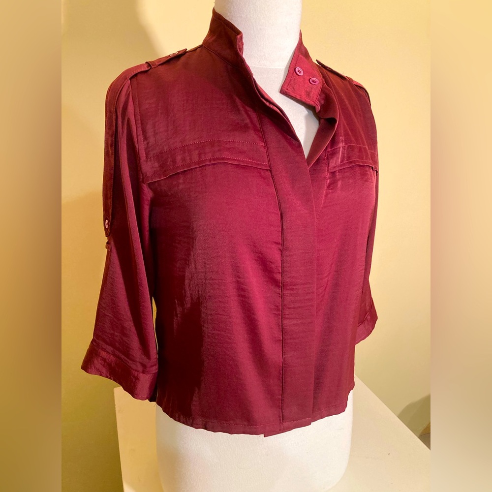 BCBGMaxAzria Burgundy Button-Tab Sleeve Blouse